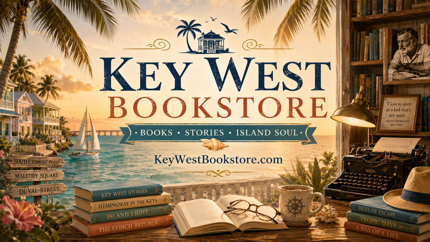 Key West Bookstore banner with tropical ocean, palm trees, books, island cottages, sailboats, and a cozy reading nook